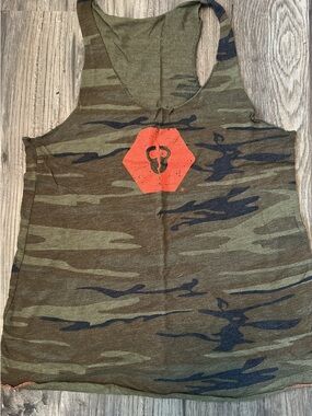 Camo Racerback Tank Top with Orange Logo - Olive Green